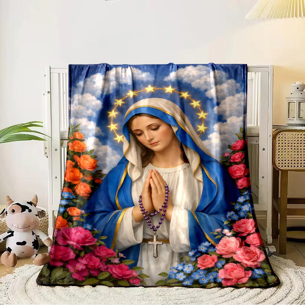 "Praying Virgin Mary with Rosary Design Blanket"Flannel Blanket for Bedroom, Living Room, Sofa, and Nap