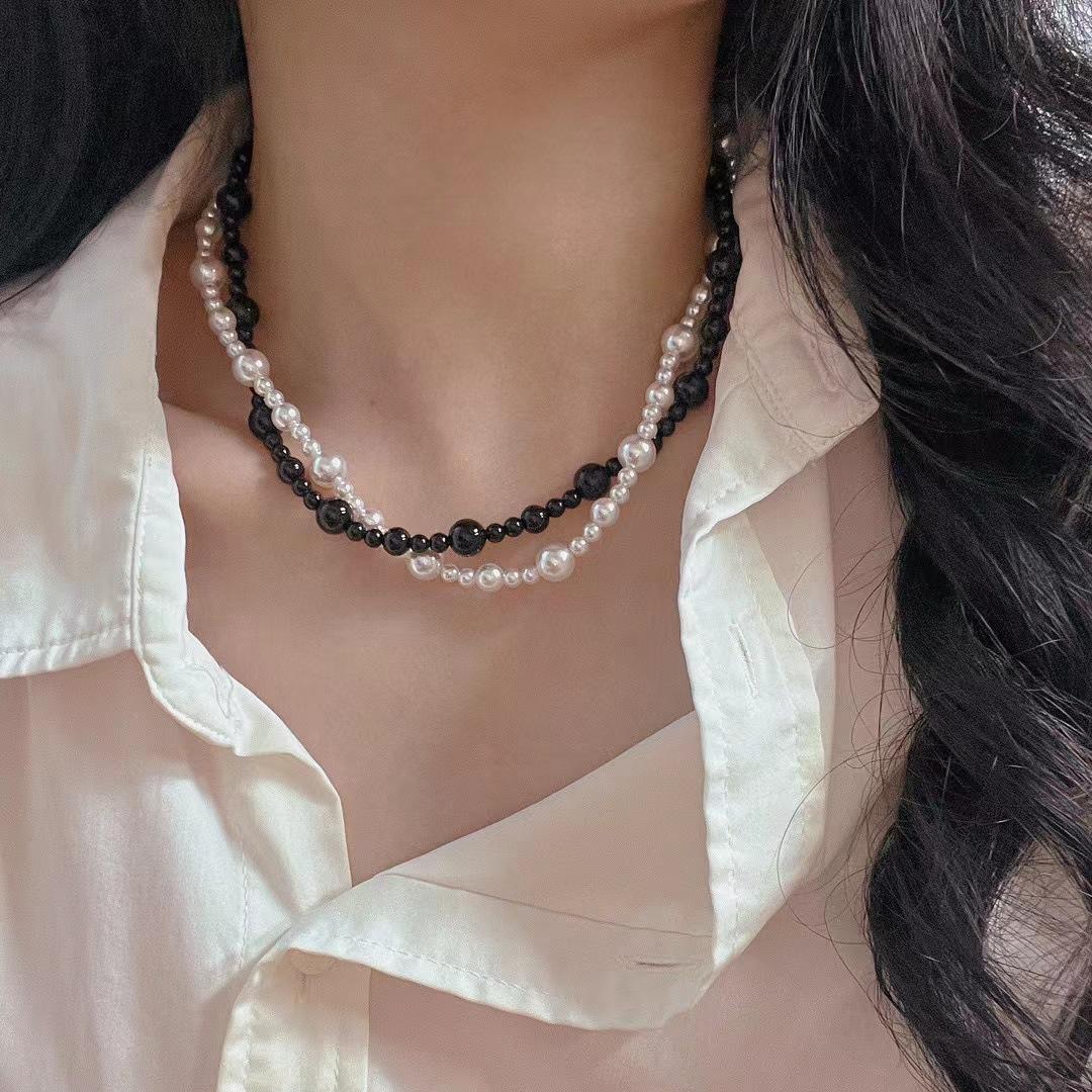 

Korean Blogger With The Same Fashion French Retro Gentle And Bright Pearl Natural Black Agate Multi-Layer Necklace