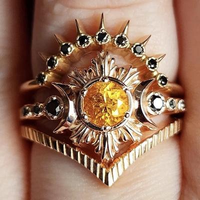 Vintage Women Rings Gold Color Round Flower Yellow Black Stone Rings Set Party Accessories Gift