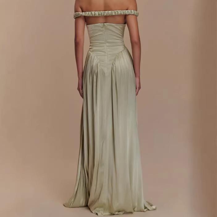 European and American Shrink Pleated Waist A Pendulum Net Color Satin Dress 2026 New High Waist Slim Dress Long Dress