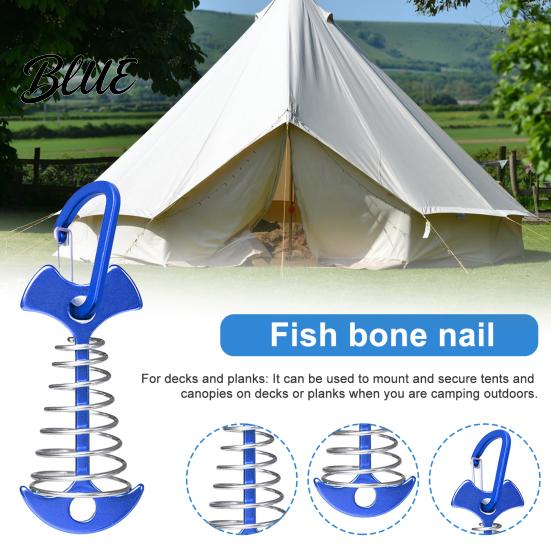 Aluminum Alloy Deck Pegs Spring-Loaded Fish Bone Tent Peg Stake with Portable Accessories Carabiner Windproof Rope Buckle for Outdoor Camping Fixing