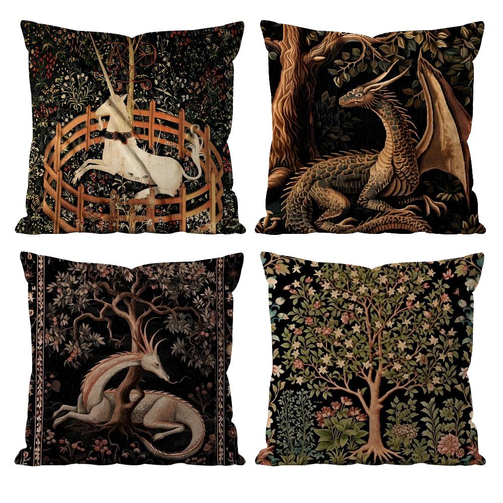 Vintage Medieval Unicorn Art Pillow Case Anti-dustmite Pillowcase Invisible Zipper Silky Short Plush Sofa Cushion Cover