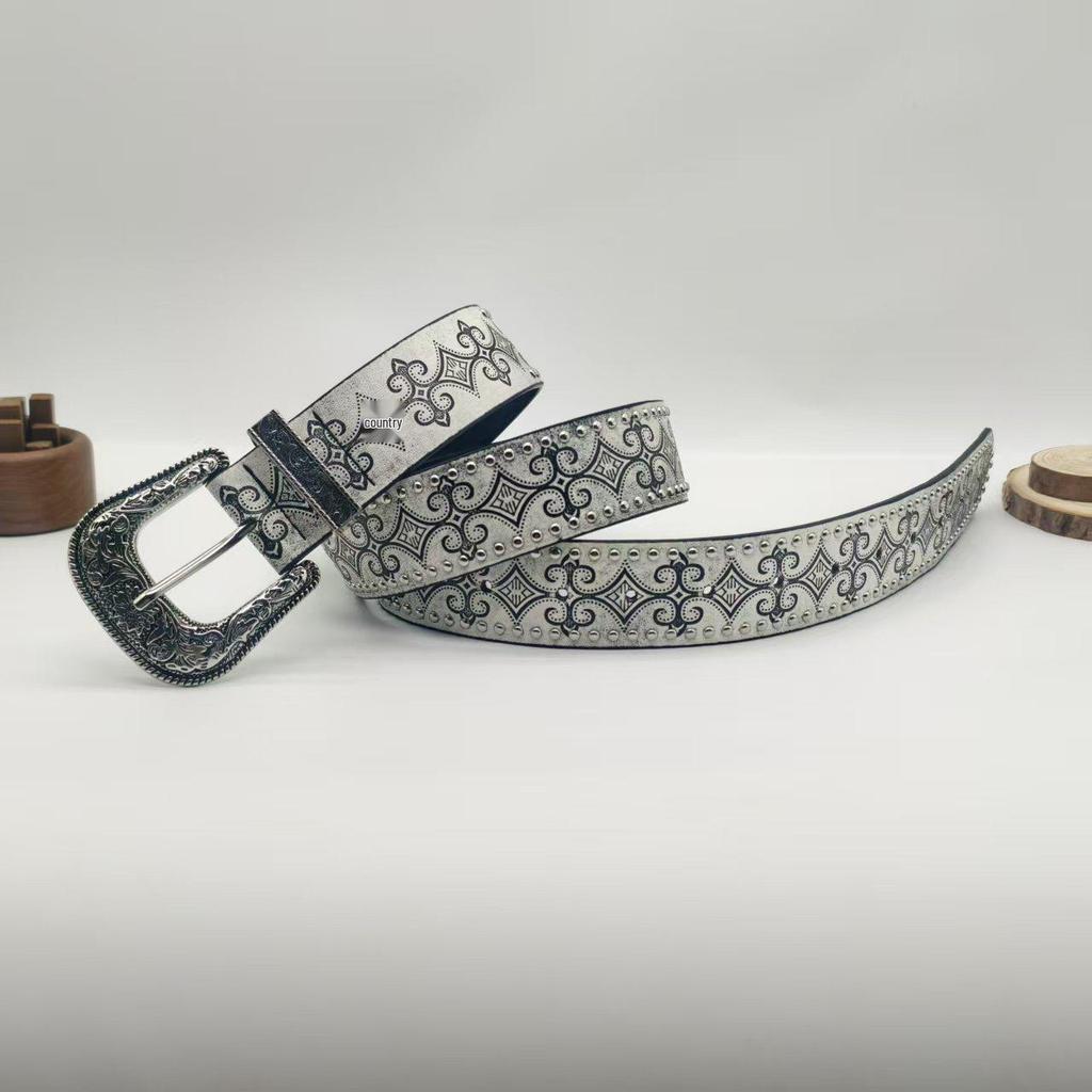 Distressed Y2K-Style Totem-Embossed Leather Belt