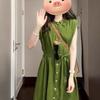 Retro Artistic Green Shirt Sleeveless Dress Women Simple Casual Comfortable Relaxed Atmosphere Long