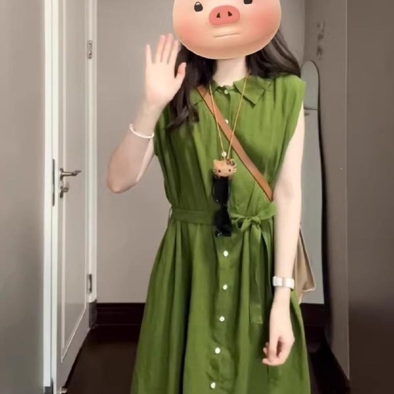 Retro Artistic Green Shirt Sleeveless Dress Women Simple Casual Comfortable Relaxed Atmosphere Long