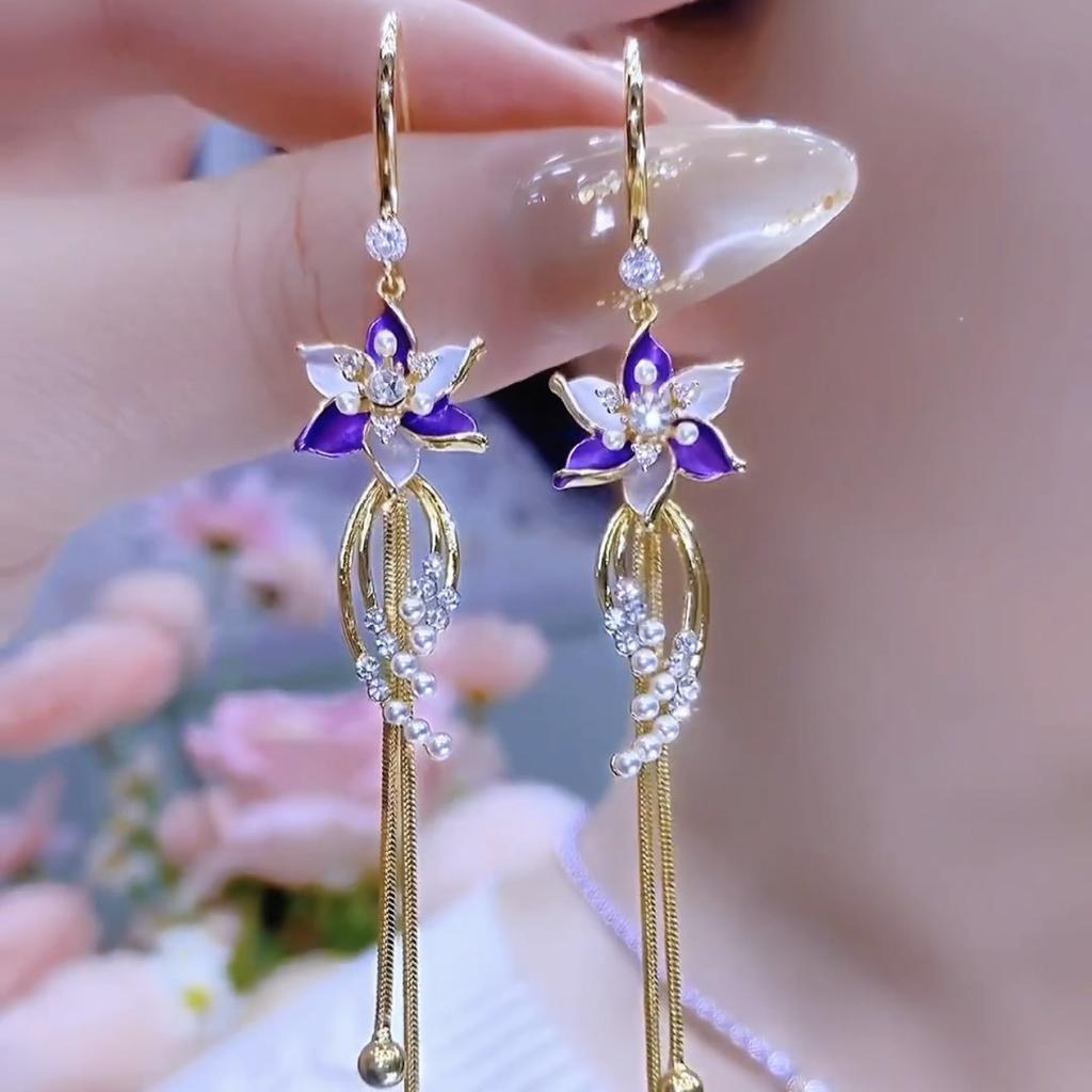 Purple Flower Long Earrings, New Fashionable Tassel Earrings, High-end Pearl Earrings, Light Luxury