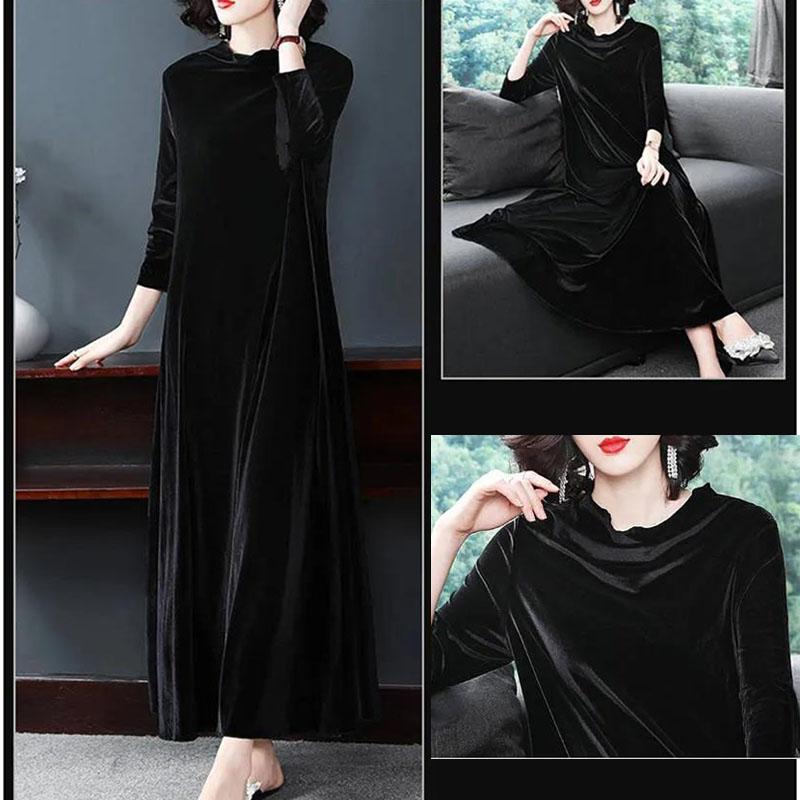 Women's Plus Size Dress Spring Autumn Long Gold Velvet Dress Loose Retro A-Line Dress
