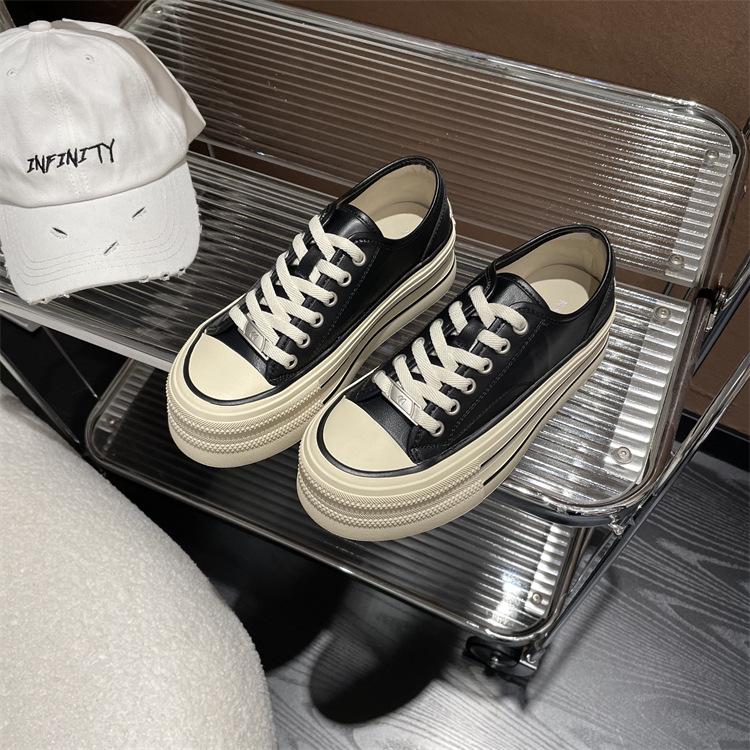 Women's 2023 Spring Genuine Leather White Platform Sneakers - All-Match Round Toe, Thick-Soled Sports Casual Shoes