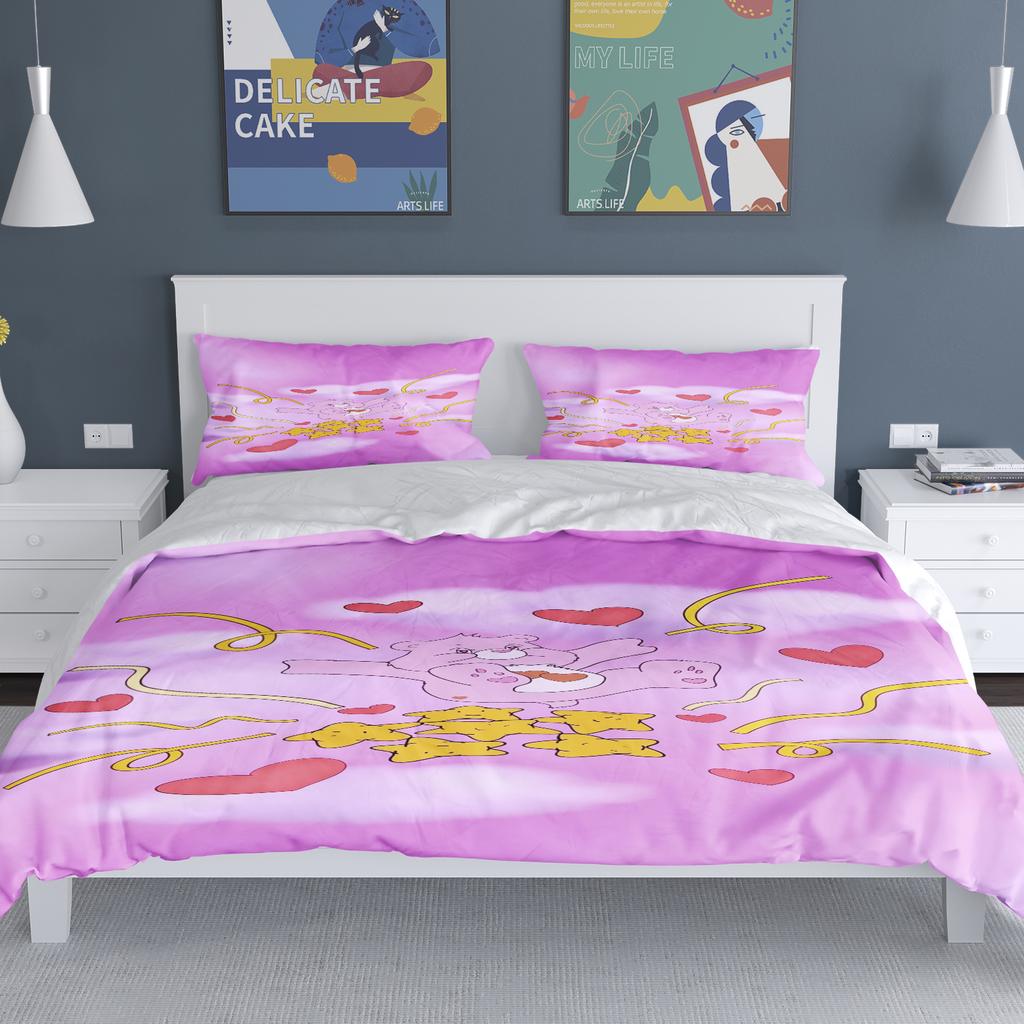 Tecknade Flickor Anime Care Bears Påslakan Set Kawaii Täckeöverdrag Örngott Set Barn Sängkläder Set Dekor Full Queen Size