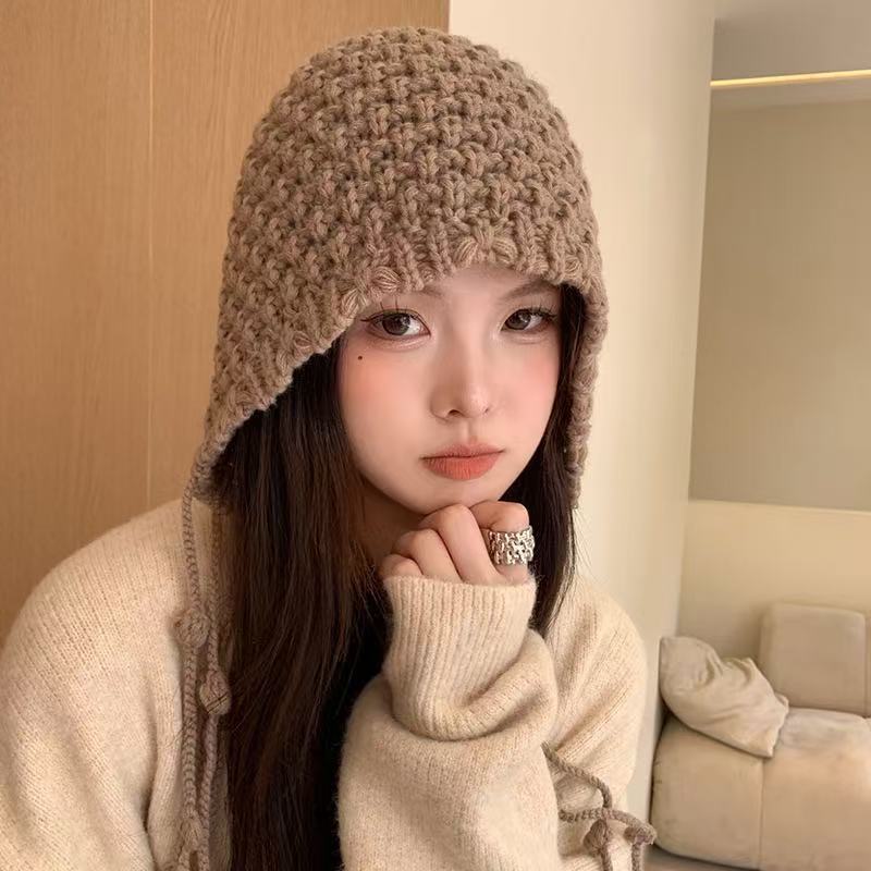 Hand-woven Hollow Bald Hat Warm Wool Hat Women's Ethnic Style Fringed Ear Protector Knitted Hat