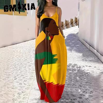 Summer High Waist Temperament Commuter V-Neck Halter Long Digital Printed Women's Dresses