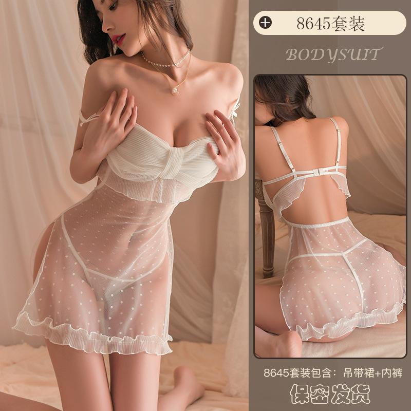 Erotic Underwear, sexy strappy mesh dot-dot see-through nightdress, Hot small bust pajama uniform wholesale 8645