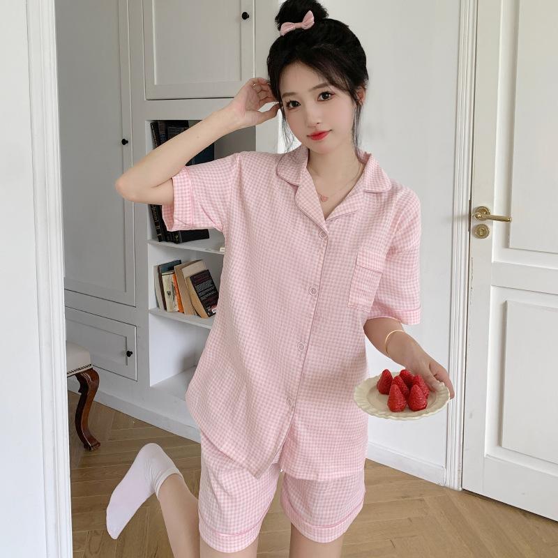 Cloud Cotton Pajamas Girls Summer Pink Plaid Elegant Casual Short-Sleeved Suit Loungewear