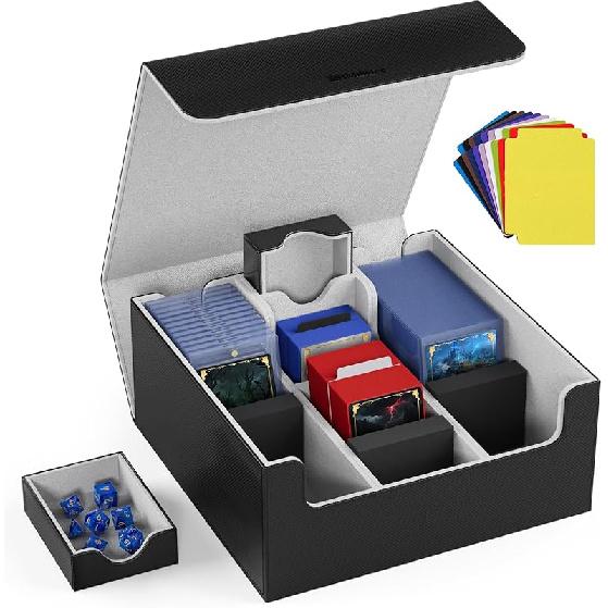 Mlikero Card Deck Case for Trading Cards 1800+, Trading Card Storage Box with 10 Dividers and 3 Foam Stoppers, Leather Magnetic Closure Commander