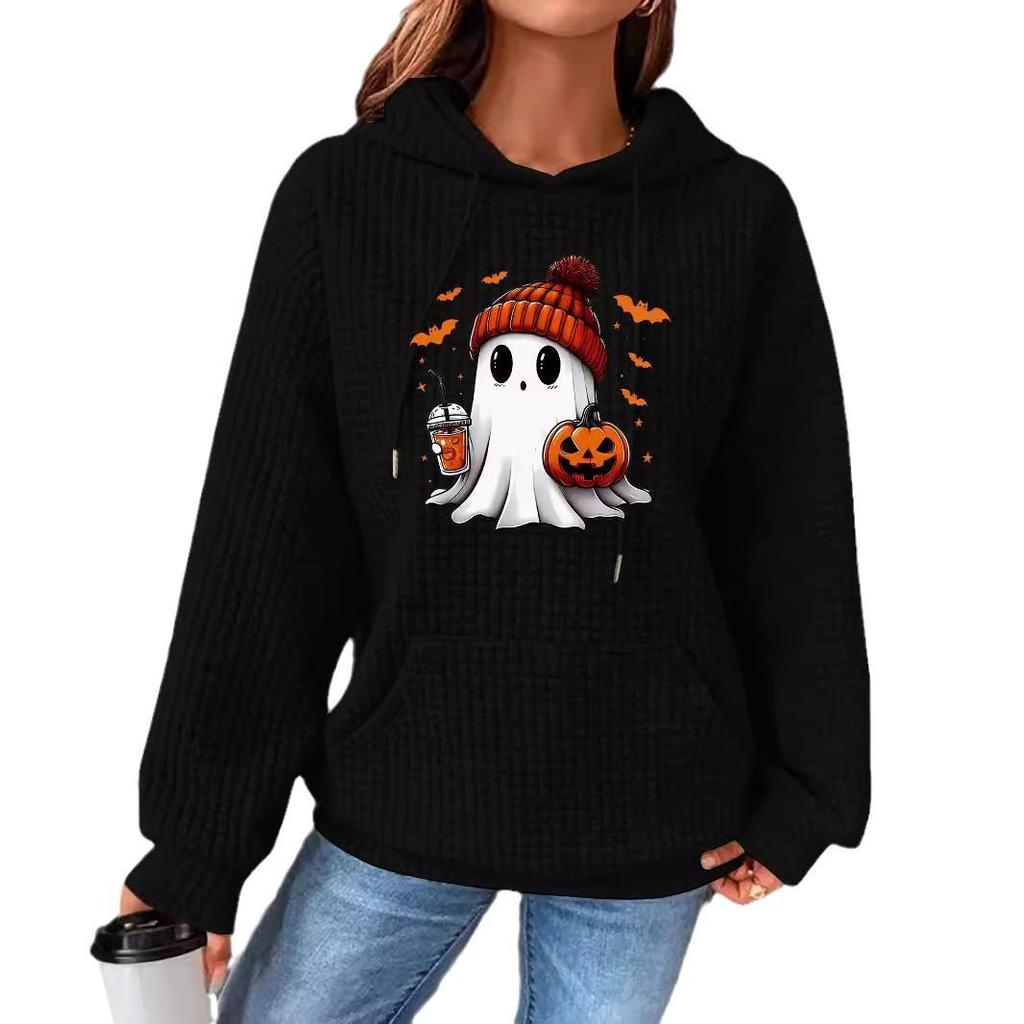 Women's Autumn/Winter Waffle Hooded Halloween Print Sweatshirt - Loose Fit, Long Sleeve, European Size