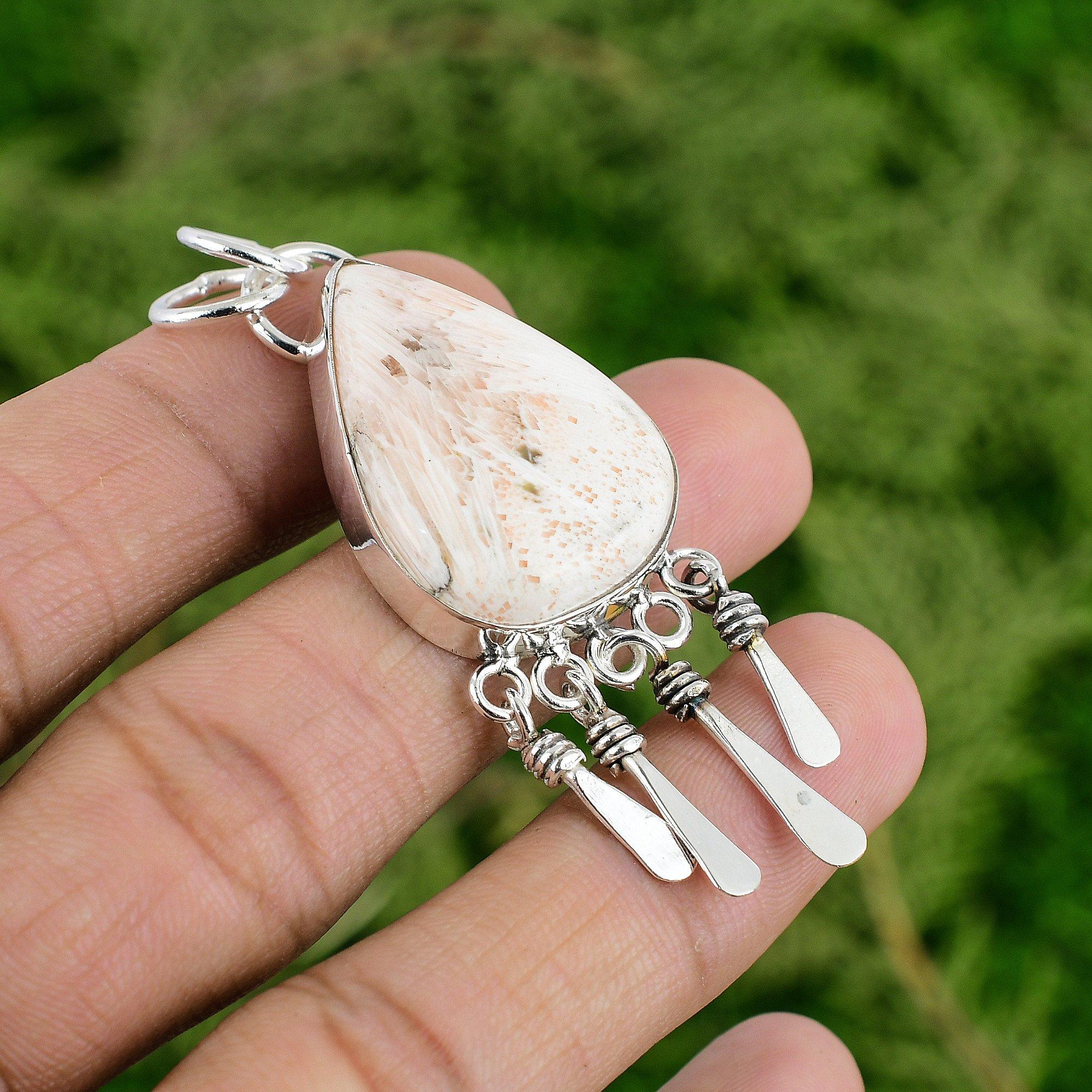 

925 Silver Scolecite Stone Daughter Crown Chakra Bezel Wedding Pendant Jewelry