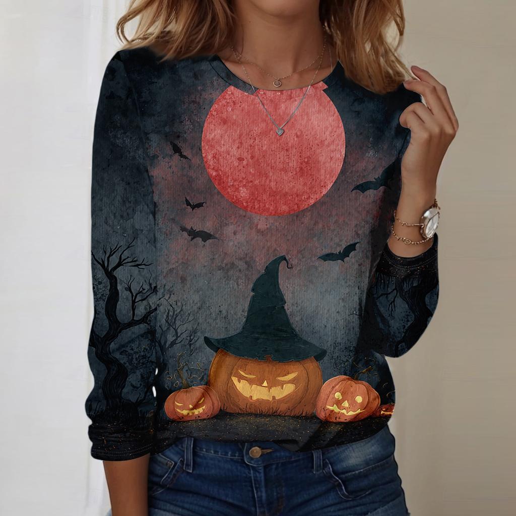 Women's Casual Long Sleeve Neck Top with Halloween Print