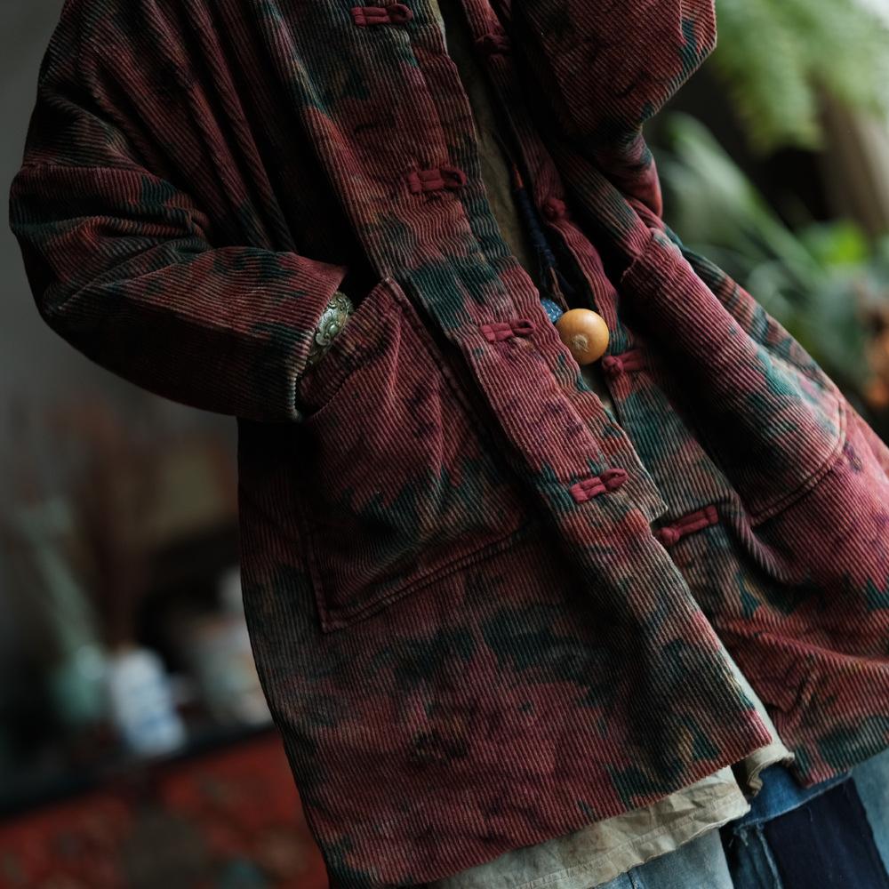 Johnature Women Vintage Corduroy Print Floral Button Patchwork Pockets Winter Coats Warm Coats