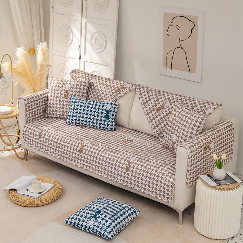 Baumwoll-Sofabezug Rutschfest Staubdicht Wohnzimmer Karomuster Sofa Liegesessel Rückenlehne Möbel Vollabdeckung Waschbar Ohne Ausbleichen für Zuhause