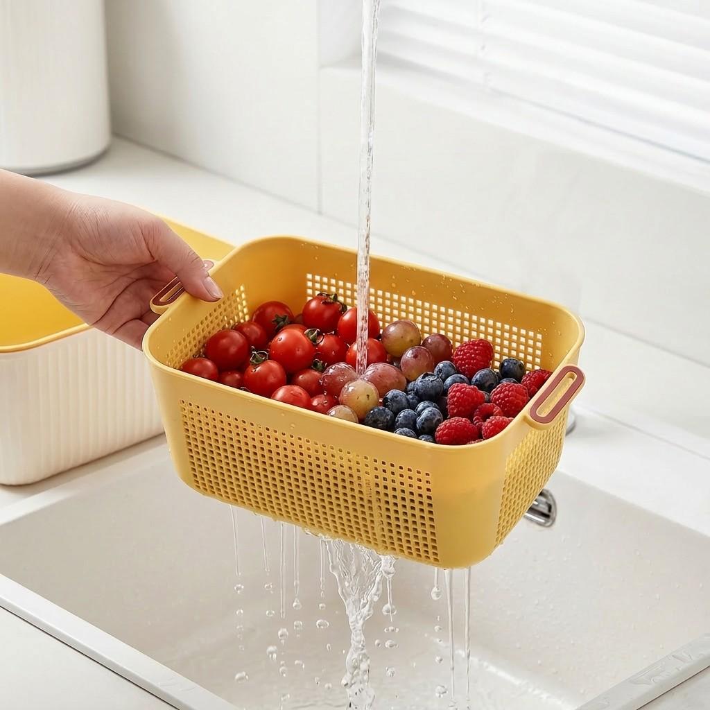 Stackable Kitchen Storage Basket With Handle Plastic Double Layer Drain Basket Multi-purpose Fruit Vegetable Storage Container