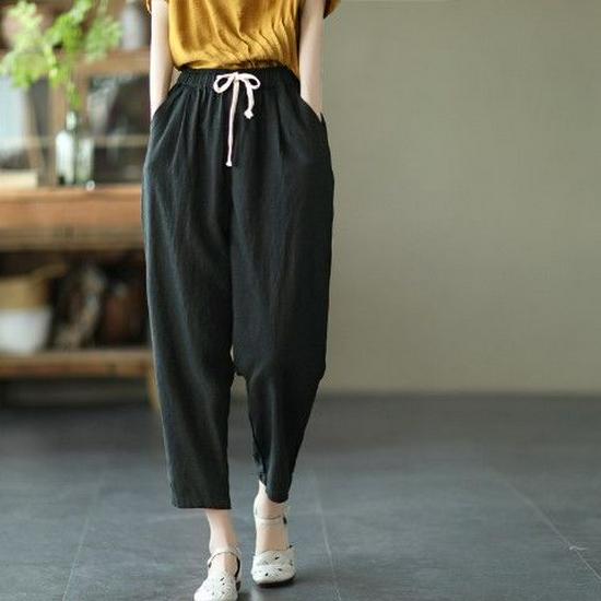Women's Washed Cotton Elastic Waist Casual Summer Harem Pants with Lace-Up Detail