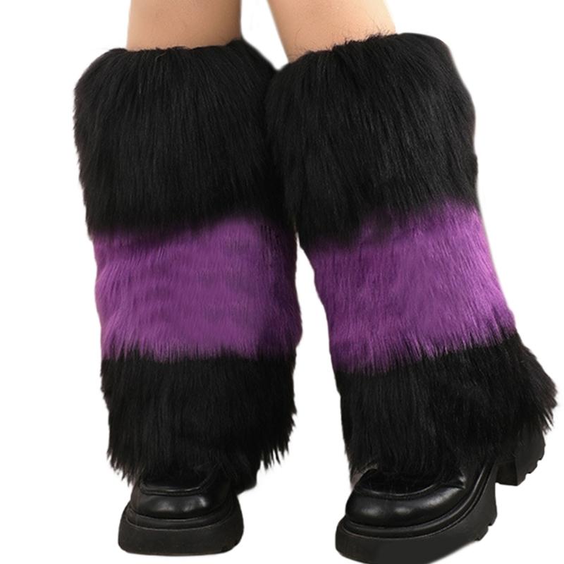 Women Winter Plush Contrast Color Leg Warmer Aesthetic Vintage Fuzzy Thickened Boot Cuffs Leg Gaiters Cover Long Socks