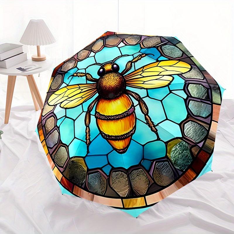 

1pc Stained Glass Bee Print Automatic Folding Umbrella - Durable Iron Frame and Plastic Handle, Vivid Design, Cute Fashionable