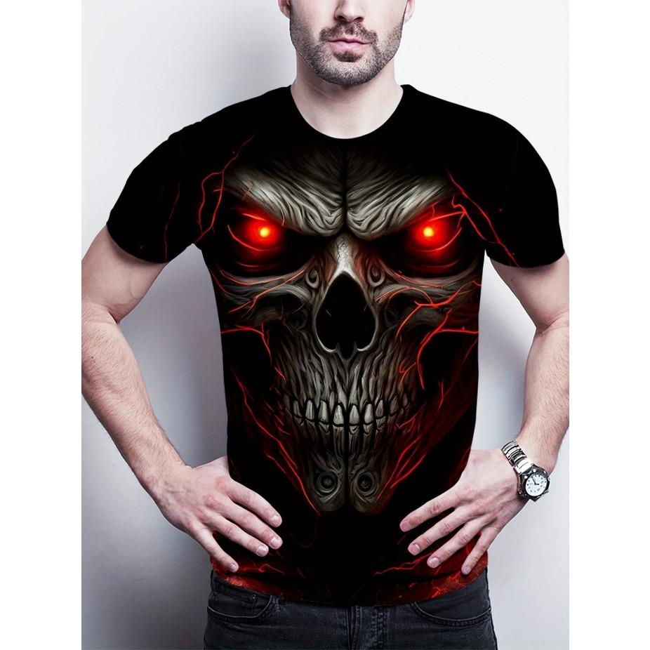 Pánské 3D tričko s potiskem lebky | Nadměrný krátký rukáv | Lehký polyester | Kulatý výstřih | Ležérní nošení | Gotická móda