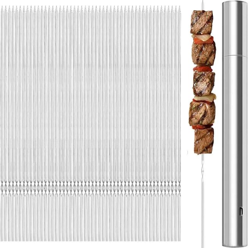 20Pcs Stainless Steel Barbecue Skewer Reusable Flat BBQ Needle Stick with Storage Tube Barbecue Tools for Outdoor Camping Party