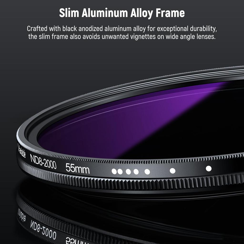 NEEWER 55mm Variable ND True Color Hard Stop Neutral Density Lens for Optical Aluminum Frame Filter, & Stop, 3-11 Adjustable, ND8-2000 Filter,