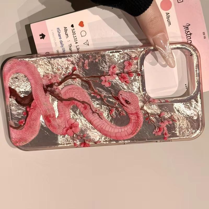 Illustration Plum Blossom Pink Snake Phone Case For iPhone 16 Pro Max 15 14 Plus 13 12 11 XS X XR 7 8 16 Plus SE 2022 16E Cover