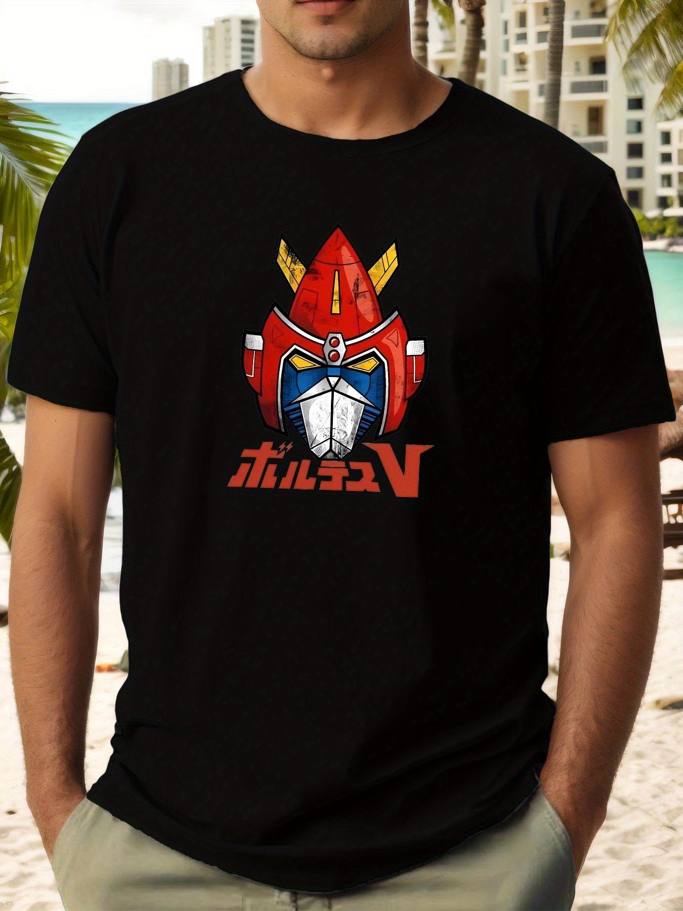 Japanese-Inspired Graphic T-shirt - Black Short Sleeve Crewneck with Vibrant Red & Blue Mecha Print L