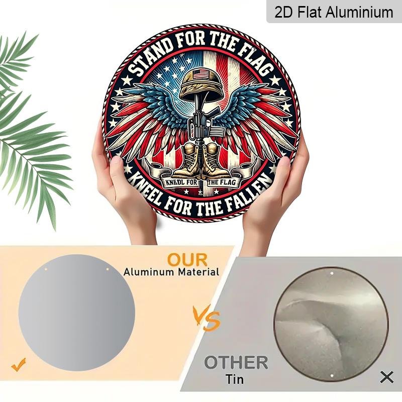 2D Flat, 1pc Round Aluminum Hanging Sign - "Stand For The Flag Kneel For The Fallen" Patriotic Metal Wall Art, American Flag & Military Boots Design