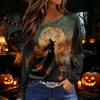 Women's Halloween Print Long Sleeve Top with Side Slit Hem, Round Neck