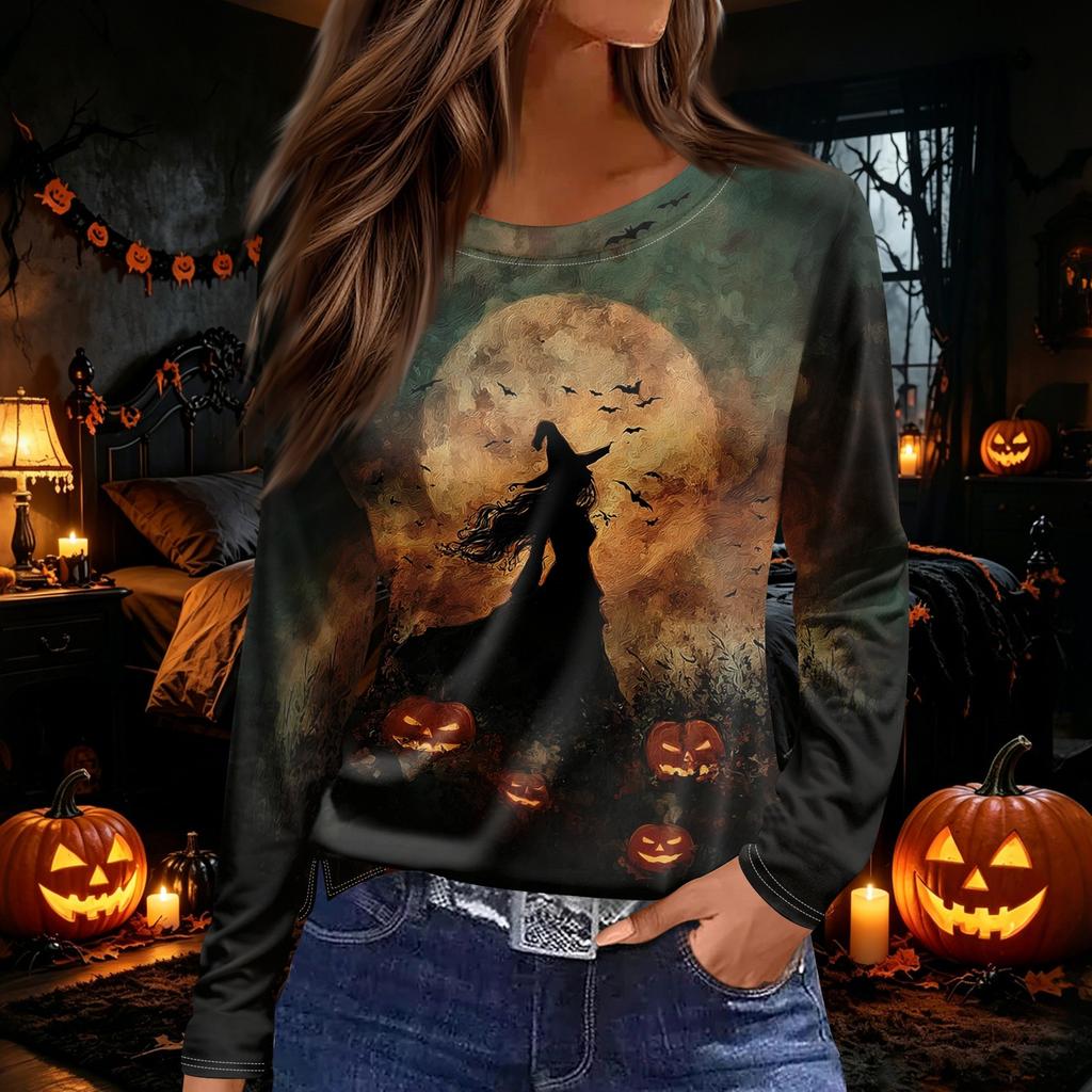 Women's Halloween Print Long Sleeve Top with Side Slit Hem, Round Neck