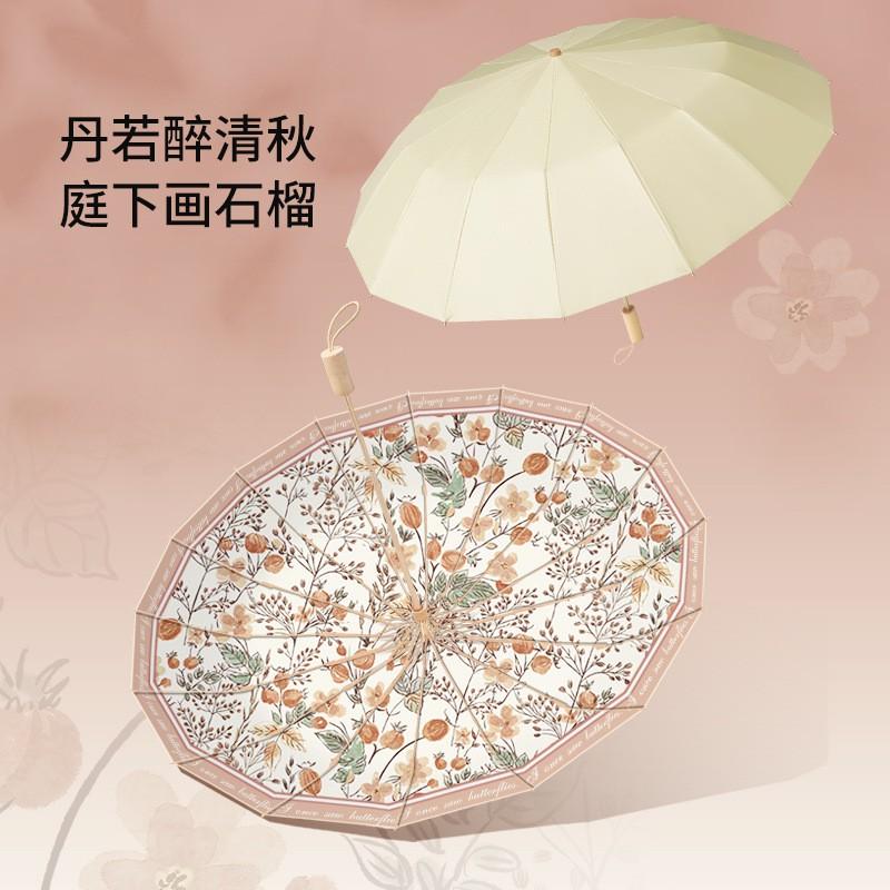 16-Rib Automatic Folding Umbrella Women - UPF 50 Sun Rain Protection Lightweight Aluminum Shaft New Chinese Style Print