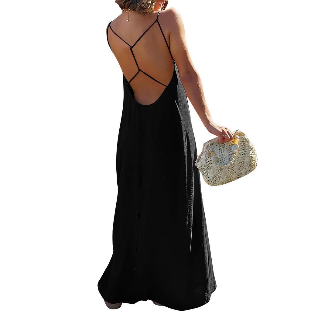 Women's Backless Strapless Dresses, Backless Loungewear Dress, Sleeveless, House Dress, Long Dress With Back Bow