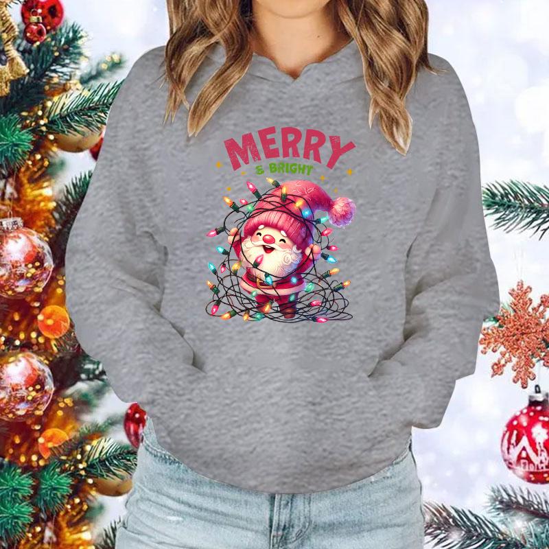 New Christmas Santa Claus Merry Bright Print Hoodies Women Causal Tops Unisex Harajuku Long Sleeve Sweatshirts