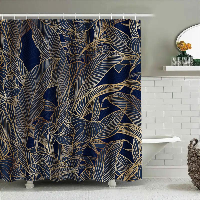 Luxuriöser Blau Goldener Blatt Duschvorhang Exquisite Dekorative Badezimmer Hängende Vorhänge Für Den Heimgebrauch Wasserdichtes Gewebe Für Badezimmer