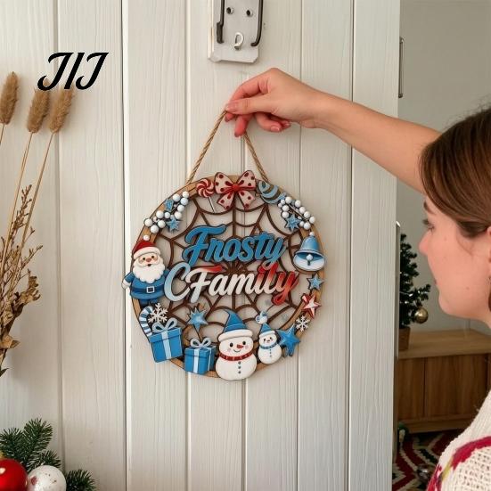 Poplar Wood Decor Christmas Door Sign, Double Sided Hanging Wooden Plaque for Front Door, Rustic Holiday Wall Decoration Indoor Outdoor Seasonal Party