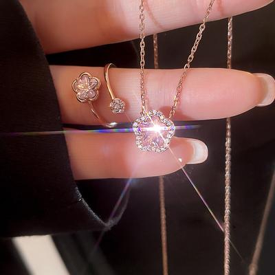 Diamond-Encrusted Cherry Blossom Necklace, Peach Blossom Exquisite Opening Flower Ring, Marriage Proposal, Birthday Set, Collarbone Chain, Ring Gift.