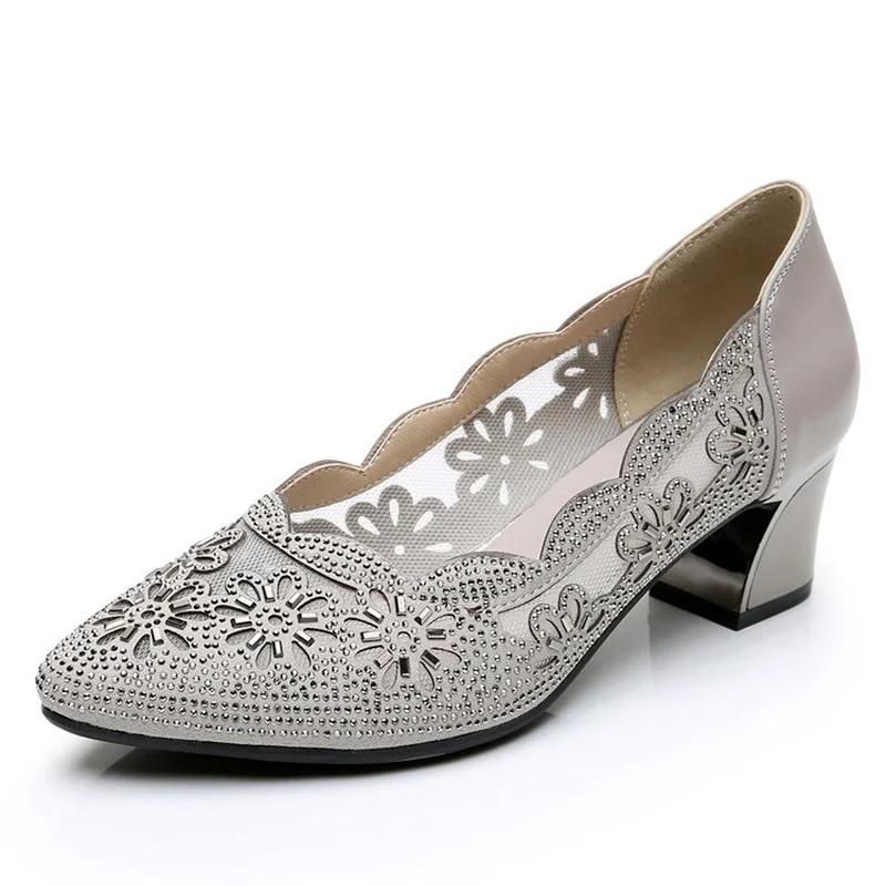  Woman Spring Summer Fashion Hollow Genuine Leather Pumps Women Shoes Heels Square Heel Mesh Ladies Office Shoes Crystal