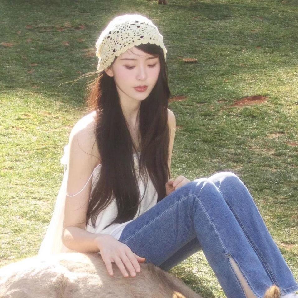 Japanese Style Women's Handmade Woven Head Wrap Hat Summer Thin Versatile Breathable Hollow Knit Slouchy Hat