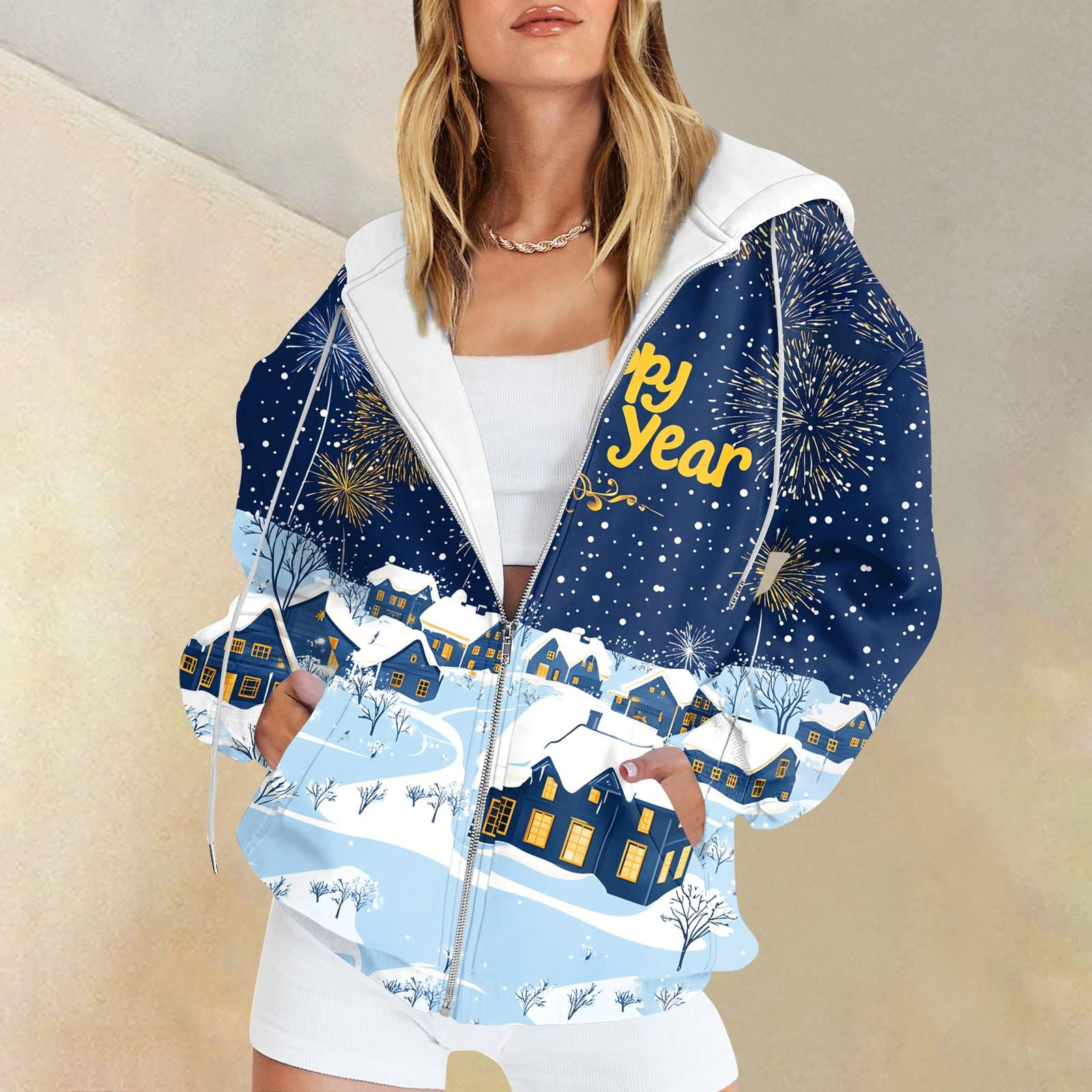 

Женская рождественская печатная толстовка, зимняя куртка-кардиган с длинными рукавами и карманами, на молнии, толстовка с капюшоном, верхняя одежда L розовый