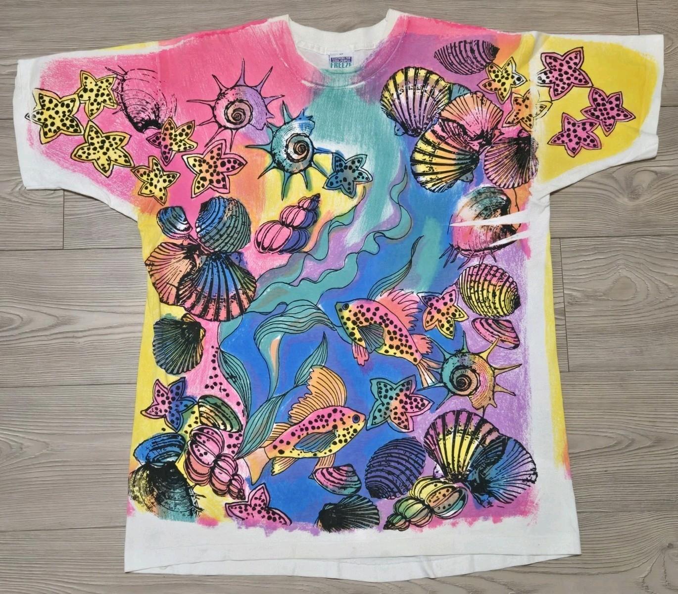 VTG 90s Freeze Tag Tropical Fish Coral AOP All Over Print T Shirt Neon Retro XL Unisex T-Shirt S