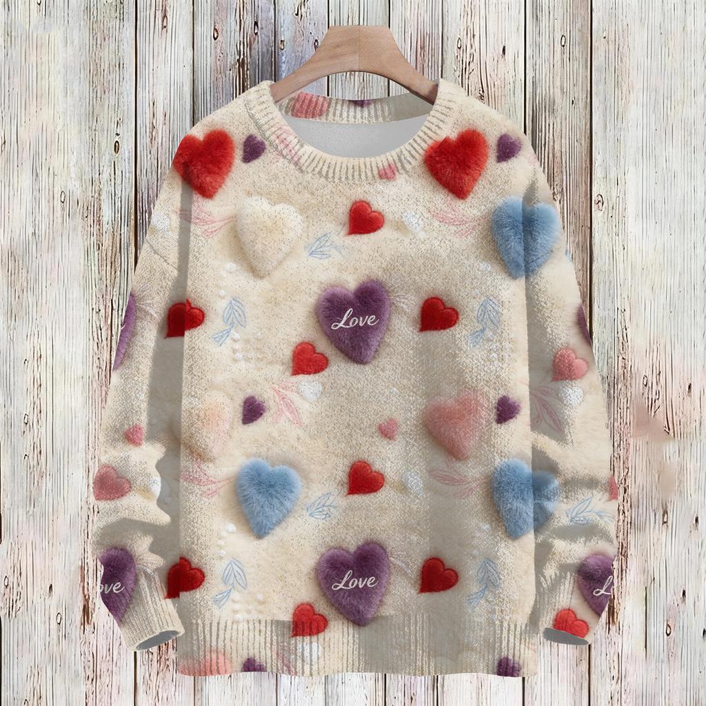 Women's Fashion Casual Long,Sleeve Valentine's Day Round,Neck Knit Pullover Top