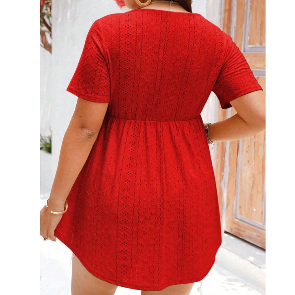 Women's Plus Size Casual Loose Round Neck Short Sleeved Pleated Button Irregular Hem Top