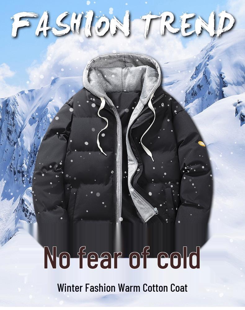 Men's Trendy Winter Cotton Jacket: Loose Fit, Hooded, Fake Two-Piece Design, Thickened for Warmth