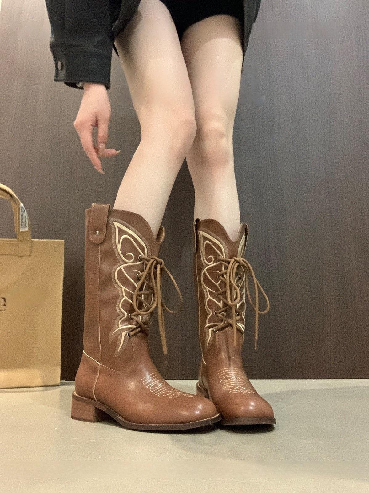 Coarse Heel Vintage Knight Boots Western Cowboy Boots Women s Shoes Year Cross Lace Up Martin Boots Long Boots 35