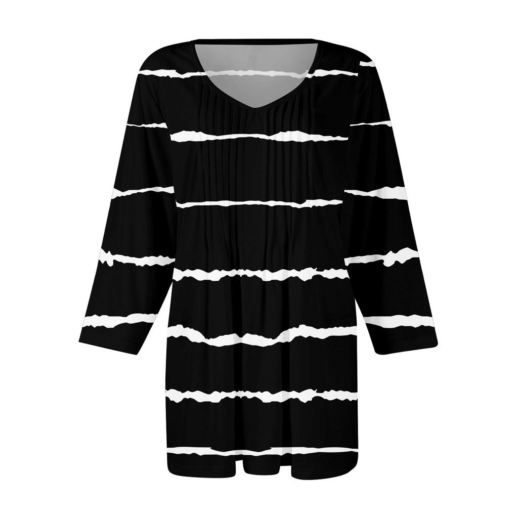 Damen Tops V-Ausschnitt Dreiviertelärmel Gestreift Plissee Casual Sommermode Shirt Tops